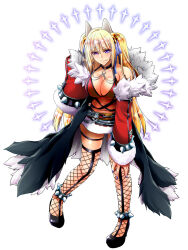 1girl animal_ears bell black_coat black_shoes blonde_hair blue_bow blush bow breasts cleavage closed_mouth coat commentary_request detached_sleeves fishnet_thighhighs fishnets fox_ears fox_girl full_body fur-trimmed_skirt fur-trimmed_sleeves fur_coat fur_trim hair_bow high_heels highres jingle_bell large_breasts leaning_forward long_hair looking_at_viewer miniskirt navel official_alternate_costume open_clothes open_coat ragnarok_online red_skirt red_sleeves red_sports_bra shadow_chaser_(ragnarok_online) shoes simple_background skirt smile solo spiked_anklet sports_bra standing takaha_momo thighhighs twintails uneven_eyes v-shaped_eyebrows white_background