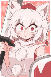 Rule 34 | 1girl, animal ears, bare shoulders, blush, breasts, detached sleeves, grey hair, hat, highres, inubashiri momiji, kurachi mizuki, looking at viewer, medium breasts, midriff, open mouth, pom pom (clothes), red eyes, shield, shirt, short hair, solo, sword, tail, tokin hat, touhou, weapon, white hair, wolf ears, wolf girl, wolf tail