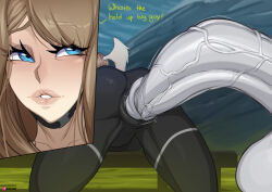 Rule 34 | 1boy, 1girl, absurdres, all fours, ass, bent over, blue eyes, brown hair, colored skin, eunie (xenoblade), grey skin, head wings, highres, huge penis, imminent penetration, lanz (xenoblade), legs, naughty face, outdoors, parted lips, penis, r3dstar, smile, teasing, thighs, wings, xenoblade chronicles (series), xenoblade chronicles 3