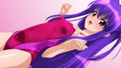 Rule 34 | 1girl, absurdres, breasts, collarbone, commentary request, competition swimsuit, covered navel, cowboy shot, dutch angle, gradient background, highres, long hair, one-piece swimsuit, original, purple eyes, purple hair, red one-piece swimsuit, sideways, small breasts, smile, solo, sugimura tomokazu, swimsuit, two-tone swimsuit, w arms