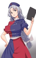 Rule 34 | 1girl, blue dress, braid, braided ponytail, breasts, commentary, dress, gradient background, grey eyes, grey hair, highres, kakone, large breasts, long hair, looking at viewer, one-hour drawing challenge, red dress, short sleeves, solo, touhou, two-tone dress, very long hair, white background, yagokoro eirin