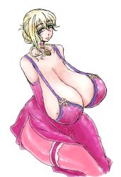 Rule 34 | 1girl, bare shoulders, blonde hair, breasts, choker, cleavage, dress, elbow gloves, faina (psp), female focus, gigantic breasts, gloves, green eyes, leaning forward, long skirt, mature female, mole, original, pantyhose, psp(3dass), sagging breasts, short hair, simple background, skirt, solo, white background