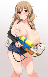 Rule 34 | 1girl, alternate breast size, blush, braid, breasts, breasts out, brown eyes, collarbone, commission, highres, holding, holding water gun, huge breasts, inverted nipples, kantai collection, lactation, light brown hair, long hair, looking at viewer, milk gun, milking machine, minegumo (kancolle), nipples, projectile lactation, school swimsuit, skeb commission, smile, solo, standing, sweat, swimsuit, twin braids, water gun, yoshi tama