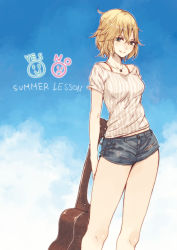 Rule 34 | 1girl, allison (summer lesson), blonde hair, blue eyes, breasts, denim, denim shorts, gradient background, guitar, hrd, instrument, jewelry, looking at viewer, necklace, short hair, short shorts, shorts, smile, solo, summer lesson, thighs
