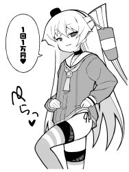 Rule 34 | 1girl, amatsukaze (kancolle), ataru (ataru-littlebird), choker, clothes lift, commentary request, dress, dress lift, feet out of frame, greyscale, hair tubes, hat, highres, kantai collection, lifebuoy ornament, mini hat, monochrome, panties, sailor collar, sailor dress, side-tie panties, smokestack hair ornament, solo, thighhighs, translation request, two side up, underwear, white background