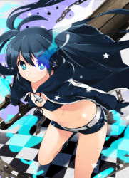 Rule 34 | 10s, 1girl, akagi asahito, bad id, bad pixiv id, bikini, bikini top only, black gloves, black hair, black rock shooter, black rock shooter (character), blue eyes, boots, chain, checkered floor, face, floor, front-tie top, gloves, glowing, glowing eye, gun, highres, hood, hooded jacket, jacket, knee boots, leaning forward, long hair, navel, scar, short shorts, shorts, solo, swimsuit, twintails, weapon