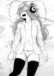 Rule 34 | 1girl, bed sheet, blush, commentary, commission, drooling, english commentary, flat chest, greyscale, head-mounted display, headphones, highres, long hair, lying, melissa renata, monochrome, navel, no bra, norman maggot, nose blush, on back, open clothes, open mouth, open shirt, original, panties, petite, pillow, pussy juice, sheet grab, solo, sweat, thighhighs, trembling, unbuttoned, unbuttoned shirt, underwear, virtual reality, vr visor, wet, wet clothes, wet panties