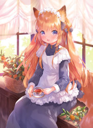 Rule 34 | 1girl, animal ears, apron, basket, blush, commentary request, cup, curtains, dress, feet out of frame, flower, fox ears, fox girl, fox tail, frilled hairband, frills, grey dress, hair ribbon, hairband, highres, holding, holding cup, indoors, long hair, long sleeves, looking at viewer, maid, maid headdress, mutou mato, open mouth, orange hair, original, purple eyes, ribbon, saucer, sitting, solo, tail, tea, teacup, white apron, window