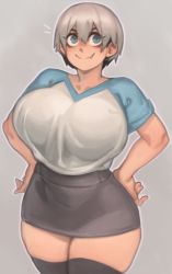 Rule 34 | 1girl, absurdres, baggy clothes, black skirt, black thighhighs, blue eyes, breasts, fang, grey background, grey hair, hands on own hips, highres, huge breasts, kelvin hiu, looking to the side, miniskirt, mismatched eyebrows, raglan sleeves, shirt, short hair, skirt, smile, smug, solo, t-shirt, thick thighs, thighhighs, thighs, uzaki-chan wa asobitai!, uzaki hana, zettai ryouiki