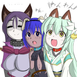 Rule 34 | 3girls, animal ears, aqua hair, bare shoulders, black gloves, blush, bodysuit, breasts, choker, collar, commentary request, dark-skinned female, dark skin, dog ears, fate/grand order, fate/prototype, fate/prototype: fragments of blue and silver, fate (series), gloves, hair ornament, hairband, hassan of serenity (fate), heart, heart-shaped pupils, horns, huge breasts, japanese clothes, kimono, kiyohime (fate), large breasts, leotard, long hair, looking at viewer, minamoto no raikou (fate), multiple girls, open mouth, purple eyes, purple hair, short hair, smile, symbol-shaped pupils, tsukihaikimaru (ikimaru), very long hair, yellow eyes