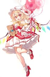 Rule 34 | 1girl, balloon, bare shoulders, blonde hair, blush, bobby socks, bow, bowtie, commentary request, crystal, dress, fang, flandre scarlet, gloves, hat, hat bow, high heels, highres, holding, holding balloon, long hair, looking at viewer, mob cap, one side up, open mouth, paragasu (parags112), pointy ears, red bow, red dress, red eyes, red footwear, shoes, skin fang, sleeveless, sleeveless dress, socks, solo, stuffed animal, stuffed toy, teddy bear, touhou, white background, white bow, white dress, white gloves, white hat, white socks, wings, yellow bow, yellow bowtie