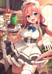 Rule 34 | 1girl, apron, blue bow, blue eyes, blurry, blush, bow, bowtie, cafe, cake, depth of field, dress, drink, food, frills, gloves, highres, holding, long hair, looking at viewer, maid, maid apron, maid cafe, maid headdress, open mouth, original, pink hair, resolution mismatch, short sleeves, sidelocks, smile, solo, source smaller, thighhighs, tray, twintails, white gloves, white thighhighs, yuuki yuu, zettai ryouiki