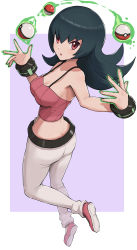 Rule 34 | 1girl, absurdres, ass, belt, black belt, black hair, border, breasts, cleavage, creatures (company), floating, floating object, from behind, full body, game freak, gonzarez, hands up, highres, large breasts, long hair, looking at viewer, looking back, nintendo, open mouth, pants, pink footwear, pink shirt, poke ball, poke ball (basic), pokemon, pokemon hgss, red eyes, sabrina (pokemon), shirt, solo, spaghetti strap, strap gap, tank top, telekinesis, white border, white pants, wrist guards
