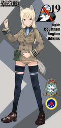 Rule 34 | 1girl, animal ears, bad id, bad pixiv id, belt, black thighhighs, blonde hair, character name, copyright name, courtney regina adkins, green eyes, highres, jacket, long hair, military, original, panties, pouch, solo, strike witches, strike witches 1991, tail, thighhighs, underwear, world witches series, zettai ryouiki