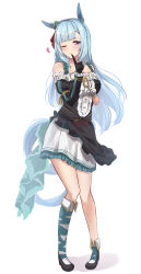Rule 34 | 1girl, ;), animal ears, ashiminoe, asymmetrical footwear, asymmetrical gloves, bare shoulders, black dress, black footwear, black gloves, blue hair, blush, boots, braid, breasts, crown braid, dress, finger to mouth, gloves, heart, highres, horse ears, horse girl, horse tail, index finger raised, knee boots, large breasts, long hair, looking at viewer, mejiro ardan (umamusume), mismatched footwear, mismatched gloves, one eye closed, purple eyes, simple background, single knee boot, smile, solo, tail, umamusume, white background, white gloves
