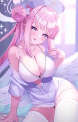 Rule 34 | 1girl, alternate costume, blue archive, blurry, blush, bottomless, bra, breasts, cleavage, collarbone, commentary request, curtains, depth of field, feathers, fukemachi, hair bun, halo, hand up, hat, head tilt, highres, indoors, large breasts, long hair, looking at viewer, low wings, mika (blue archive), nurse cap, off shoulder, open mouth, partially unbuttoned, pink hair, pink halo, playing with own hair, purple eyes, shirt, short sleeves, single side bun, sitting, smile, solo, thighhighs, underwear, white bra, white shirt, white thighhighs, white wings, wings