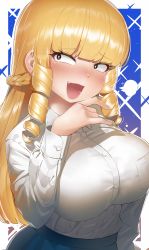 Rule 34 | 1girl, :d, blonde hair, blue skirt, braid, breasts, collared shirt, commentary request, copyright request, dress shirt, fang, grey eyes, hand up, highres, kaneda mochiko, long hair, long sleeves, looking at viewer, medium breasts, monosenbei, ojou-sama pose, open mouth, ringlets, shirt, sidelocks, skirt, smile, solo, very long hair, white shirt, wide-eyed