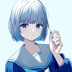 Rule 34 | 1girl, absurdres, blue background, blue eyes, blue hair, blue nails, blue serafuku, blue sweater, blue theme, blunt bangs, bob cut, closed mouth, commentary request, expressionless, hand up, highres, lex suri12, long sleeves, looking at viewer, nail polish, original, playing with own hair, puffy sleeves, sailor collar, school uniform, serafuku, shade, sidelocks, simple background, solo, sweater, upper body, white sailor collar