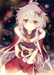 Rule 34 | absurdres, ahoge, alternate costume, bell, black gloves, blue hair, blush, cape, chinese knot, christmas, christmas ornaments, commentary request, curled horns, flower knot, ganyu (genshin impact), genshin impact, gloves, highres, horns, light smile, long hair, looking at viewer, memeno, merry christmas, neck bell, paper, red cape, red eyes, santa costume, sidelocks, solo, tassel