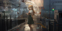 Rule 34 | 1girl, absurdres, blue eyes, closed mouth, highres, joezunzun, looking at viewer, neon genesis evangelion, outdoors, puddle, railing, red ribbon, ribbon, road, scenery, school uniform, sign, souryuu asuka langley, stairs, street, tokyo-3 middle school uniform, traffic light, umbrella, water