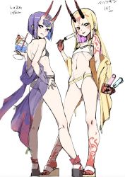 Rule 34 | 2girls, bare shoulders, blonde hair, breasts, earrings, facial mark, fate/grand order, fate (series), food, forehead mark, full body, hand on own hip, highres, horns, ibaraki douji (fate), ice cream, jewelry, legs, long hair, looking at viewer, multiple girls, navel, parted lips, platform footwear, purple eyes, purple hair, ribbon, sarashi, saruchitan, short hair, shuten douji (fate), sidelocks, simple background, skin-covered horns, small breasts, swimsuit, tattoo, tongue, tongue out, white background, yellow eyes