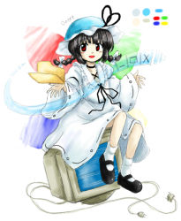 Rule 34 | 1girl, :d, black hair, braid, bucket hat, color guide, crt, dress, electric plug, folder, hat, huyusilver, looking at viewer, mary janes, microsoft, official style, open mouth, palette (object), parody, personification, red eyes, shoes, smile, solo, style parody, twin braids, windows 8, wings, zun (style)