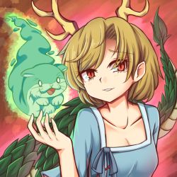 Rule 34 | 1girl, animal, antlers, blonde hair, blouse, blue ribbon, blue shirt, breasts, cleavage, collarbone, commentary, dragon girl, dragon horns, dragon tail, elbow sleeve, english commentary, eyes visible through hair, floating, hand up, horns, kicchou yachie, light blush, looking at viewer, otter, otter spirit (touhou), parted bangs, parted lips, red background, red eyes, ribbon, scales, shell, shirt, short hair, sidelocks, smile, solo, spirit, square neckline, tail, touhou, turtle shell, wily beast and weakest creature, wool (miwol)