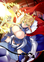 Rule 34 | 1girl, absurdres, ahoge, armor, artoria pendragon (fate), artoria pendragon (lancer) (fate), baicha, blush, braid, breasts, cape, cleavage, closed mouth, commentary request, crown, fate/grand order, fate (series), french braid, from above, fur-trimmed cape, fur trim, gauntlets, green eyes, hair between eyes, highres, lance, large breasts, looking at viewer, polearm, red cape, rhongomyniad (fate), sidelocks, swept bangs, weapon