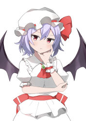 Rule 34 | 1girl, :t, absurdres, ascot, back bow, bat wings, black wings, blouse, blush, bow, brooch, closed mouth, collared shirt, commentary request, frilled shirt collar, frills, hand on own cheek, hand on own face, hat, hat ribbon, head tilt, highres, jewelry, konmikan98, light purple hair, looking at viewer, mob cap, pout, pouty lips, puffy short sleeves, puffy sleeves, red ascot, red bow, red eyes, red ribbon, red sash, remilia scarlet, ribbon, sash, shirt, short hair, short sleeves, simple background, skirt, solo, touhou, upper body, vampire, waist bow, white background, white hat, white shirt, white skirt, wings