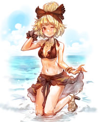 Rule 34 | 1girl, alternate costume, beach, bikini, blonde hair, blush, bow, breasts, cleavage, clothes lift, duplicate, frilled bikini, frills, hair bow, halterneck, high heels, jewelry, kurodani yamame, matsuda (matsukichi), medium breasts, navel, necklace, ocean, one eye closed, partially submerged, red eyes, sarong, sarong lift, short hair, smile, solo, striped clothes, striped sarong, swimsuit, touhou, water, wink