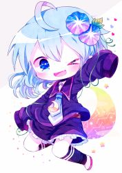 Rule 34 | &gt; o, 1girl, ;d, ahoge, bad id, bad pixiv id, blue eyes, blue hair, blue neckerchief, blue shirt, blue shorts, blue socks, chibi, constellation, crescent, fang, flower, frilled shorts, frills, full body, hair flower, hair ornament, hair vines, haru431, heart, highres, kantai collection, kneehighs, long sleeves, looking at viewer, minazuki (kancolle), morning glory, neckerchief, one eye closed, open mouth, school uniform, serafuku, shirt, shoes, shorts, sleeves past fingers, sleeves past wrists, smile, socks, solo, sparkling eyes, star (symbol)