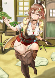 Rule 34 | 1girl, atelier (series), atelier ryza, atelier ryza 3, braid, breast pocket, breasts, brown eyes, brown gloves, brown hair, brown thighhighs, brown vest, choker, cleavage, clover hair ornament, collarbone, crown braid, dangle earrings, earrings, gloves, hair ornament, highres, janqoo89, jewelry, large breasts, multiple bracelets, multiple necklaces, pocket, red shorts, reisalin stout, short shorts, shorts, single glove, sleeveless, sleeveless jacket, solo, star (symbol), star choker, star earrings, thick thighs, thighhighs, thighs, vest, white headwear, x hair ornament