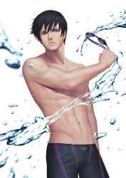 Rule 34 | 1boy, abs, black hair, black jammers, black male swimwear, blue eyes, free!, goggles, holding, holding goggles, jammers, male focus, male swimwear, nanase haruka (free!), navel, parted lips, pectorals, penguin frontier, short hair, solo, splashing, swimsuit, toned, toned male, water, wet, wet hair, white background