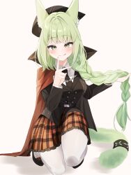Rule 34 | 1girl, animal ears, arknights, black footwear, black jacket, black necktie, blazer, blush, braid, braided ponytail, cape, cat ears, cat girl, cat tail, collared cape, collared shirt, commentary, green eyes, green hair, harmonie (arknights), harmonie (invitation) (arknights), highres, holding own hair, jacket, licking lips, long hair, long sleeves, looking at viewer, necktie, nishimiya aki, official alternate costume, pantyhose, plaid, plaid skirt, pleated skirt, red cape, shirt, shoes, skirt, solo, tail, tongue, tongue out, white hair, white pantyhose