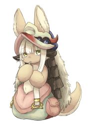 Rule 34 | 1other, ambiguous gender, animal ears, bad id, bad twitter id, blush, closed mouth, finger to mouth, furry, helmet, highres, kawasemi27, looking down, made in abyss, nanachi (made in abyss), tail, upper body, white hair, yellow eyes