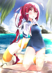 Rule 34 | 10s, 1girl, bad id, bad pixiv id, blush, chm (macharge), clothes lift, i-168 (kancolle), innertube, kantai collection, kneeling, long hair, mouth hold, ocean, one-piece swimsuit, ponytail, red eyes, red hair, school swimsuit, school uniform, serafuku, shirt lift, solo, swim ring, swimsuit, very long hair