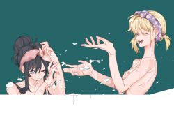 Rule 34 | 2girls, bathing, black hair, blonde hair, breasts, bright pupils, closed mouth, commentary, green background, hair bun, hair up, hairband, hands up, highres, inoue takina, long hair, lycoris recoil, medium hair, molu stranger, multiple girls, nipples, nishikigi chisato, nude, one eye closed, pink hairband, purple eyes, purple hairband, same-sex bathing, shared bathing, short twintails, small breasts, splashing, twintails, two-tone background, upper body, white background, white pupils