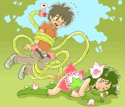 Rule 34 | 1boy, 1girl, bdsm, blue eyes, blush, boots, bound, breasts, clothes pull, dress, femdom, flower, food, fruit, gloves, green hair, heart, hetero, long hair, melon, monster, monster girl, mouthed tentacles, outdoors, pants, pants pull, plant, plant girl, pukao, restrained, small breasts, suspension, tentacles, tentacles, tentacles on male, tongue, undressing