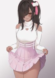 Rule 34 | 1girl, bare shoulders, blush, breasts, brown hair, closed mouth, clothing cutout, dark-skinned female, dark skin, dera self, goddess of victory: nikke, hair ornament, hair over one eye, heart cutout, highres, large breasts, long hair, naga (nikke), pink skirt, shoulder cutout, side ponytail, skirt, skirt hold, smile, solo, sweater, thighs, white sweater