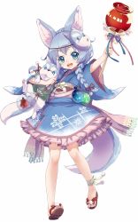 Rule 34 | 1girl, :d, absurdres, animal ears, blue eyes, blue hair, braid, candy apple, dog, dog ears, dog tail, frills, highres, japanese clothes, kimono, koyomi (shironeko project), long hair, looking at viewer, mask, matching hair/eyes, official art, open mouth, shironeko project, smile, solo, tail, tarou (shironeko project), twin braids, white background, wolf, wolf ears, wolf tail
