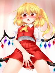 Rule 34 | 1girl, ascot, blonde hair, blurry, blurry background, blush, breasts, buttons, collared shirt, crystal, eyes visible through hair, fang, fingernails, flandre scarlet, hair between eyes, highres, jewelry, looking down, marukyuu ameya, medium breasts, miniskirt, multicolored wings, nail polish, no headwear, one side up, open mouth, pink nails, pointy ears, red eyes, red skirt, red vest, shirt, short hair, short sleeves, skirt, solo, standing, sweat, thighs, tongue, touhou, vest, white shirt, wings, yellow ascot