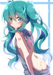 Rule 34 | 1girl, aosaki yato, ass, back, backless dress, backless outfit, bare back, bare shoulders, blush, breasts, butt crack, closed mouth, dress, eyes visible through hair, female focus, from behind, green dress, green eyes, green hair, hair between eyes, halterneck, hatsune miku, highres, long hair, looking at viewer, looking back, meme attire, naked sweater, no bra, no panties, ribbed sweater, sideboob, simple background, small breasts, solo, sweater, sweater dress, turtleneck, turtleneck sweater, twintails, virgin killer sweater, vocaloid, white background