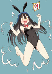 Rule 34 | !?, 1girl, :o, absurdres, animal ears, aqua background, black hair, black leotard, blush, blush stickers, bow, bowtie, breasts, brown hair, bural chingu, cleavage, closed eyes, detached collar, fake animal ears, full body, hair between eyes, highres, ju hyeon-mi, leotard, long hair, luke (dydansgur), magician, open mouth, playboy bunny, rabbit ears, rabbit tail, red bow, red bowtie, simple background, smile, solo, strapless, strapless leotard, surprised, tail, wrist cuffs, yellow eyes