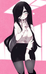 Rule 34 | 1girl, aria wintermint, black hair, breasts, collared shirt, glasses, green eyes, hair over one eye, heart, highres, long hair, negative frames, office lady, pantyhose, parororo, pencil skirt, shirt, skirt, solo
