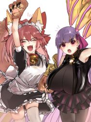 Rule 34 | 2girls, alternate costume, animal ear fluff, animal ears, animal hands, anmochi mochi, apron, bell, belt collar, breasts, cat paws, claw (weapon), claws, closed eyes, collar, crotch plate, dress, enmaided, fate/grand order, fate (series), fox ears, fox girl, fox tail, gloves, hair ribbon, huge breasts, jingle bell, maid, maid apron, maid headdress, medium breasts, multiple girls, neck bell, o-ring, o-ring top, open mouth, passionlip (fate), paw gloves, pink hair, pink ribbon, purple hair, purple ribbon, ribbon, tail, tamamo (fate), tamamo cat (fate), tamamo cat (second ascension) (fate), waist apron, weapon, white apron