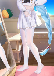 Rule 34 | 1girl, adjusting skirt, artist name, ascot, azur lane, blue hair, blue sky, braid, buttons, cloud, dated, double-breasted, feet, highres, indoors, janus (azur lane), janus (fear of changing...clothes) (azur lane), long sleeves, lower body, manjuu (azur lane), midriff, mirror, navel, no shoes, pantyhose, pleated skirt, skirt, sky, solo, standing, stomach, thighs, toes, white pantyhose, white skirt, window, xiao shi lullaby
