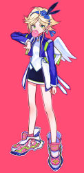 Rule 34 | 1girl, backpack, bag, bare legs, black skirt, blonde hair, blue flower, blue hairband, blue jacket, blowing bubbles, chewing gum, commentary, flower, full body, green eyes, hair flower, hair ornament, hairband, hand up, highres, jacket, kaneni, long sleeves, looking at viewer, open clothes, open jacket, original, pink background, pink footwear, shirt, shoes, short hair, simple background, skirt, sneakers, solo, white footwear, white shirt, wings