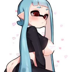 Rule 34 | 1girl, aqua hair, ass, ass cutout, blush, breasts, busujima funya, butt crack, censored, clothes lift, clothing cutout, domino mask, heart, heart censor, highres, inkling player character, large breasts, long hair, long sleeves, mask, nintendo, out-of-frame censoring, parted lips, pointy ears, red eyes, shirt lift, simple background, sitting, solo, splatoon (series), sweat, tentacle hair, twintails, twitter username, white background