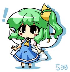 Rule 34 | !, 1girl, ascot, blue dress, blush stickers, bow, chibi, collared shirt, commentary request, daiyousei, dress, drop shadow, eyes visible through hair, fairy wings, full body, green hair, hair bow, multiple wings, no nose, puffy short sleeves, puffy sleeves, shirt, short hair, short sleeves, side ponytail, simple background, solo, takasegawa yui, touhou, white background, white shirt, wings, yellow ascot, yellow bow