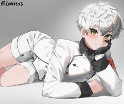 Rule 34 | 1boy, arknights, arm support, armband, artist name, black gloves, blush, clenched hand, commentary request, g1 (jjw00123), gloves, green eyes, grey background, jacket, long sleeves, looking at viewer, lying, male focus, mephisto (arknights), on side, on stomach, paid reward available, parted lips, red armband, reunion logo (arknights), short hair, shorts, simple background, sleeve cuffs, solo, twitter username, upper body, white hair, white jacket, white shorts
